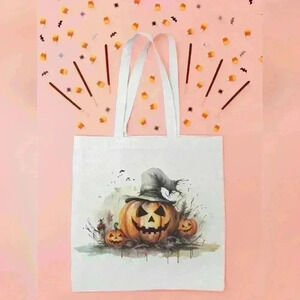 Halloween pumpkin with hat recycled canvas tote bags